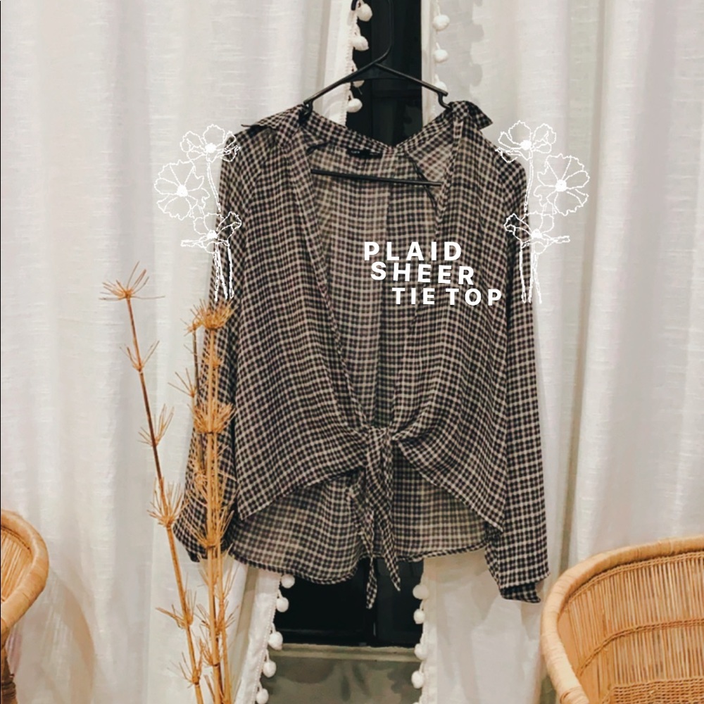 • 90’s Vibe • Sheer Plaid Neutral Colors Blouse •